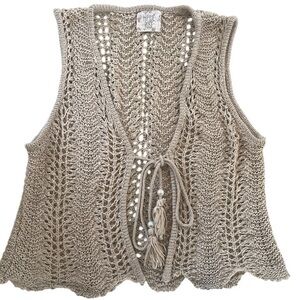 Beige Knit Boho Top with Tie Front M